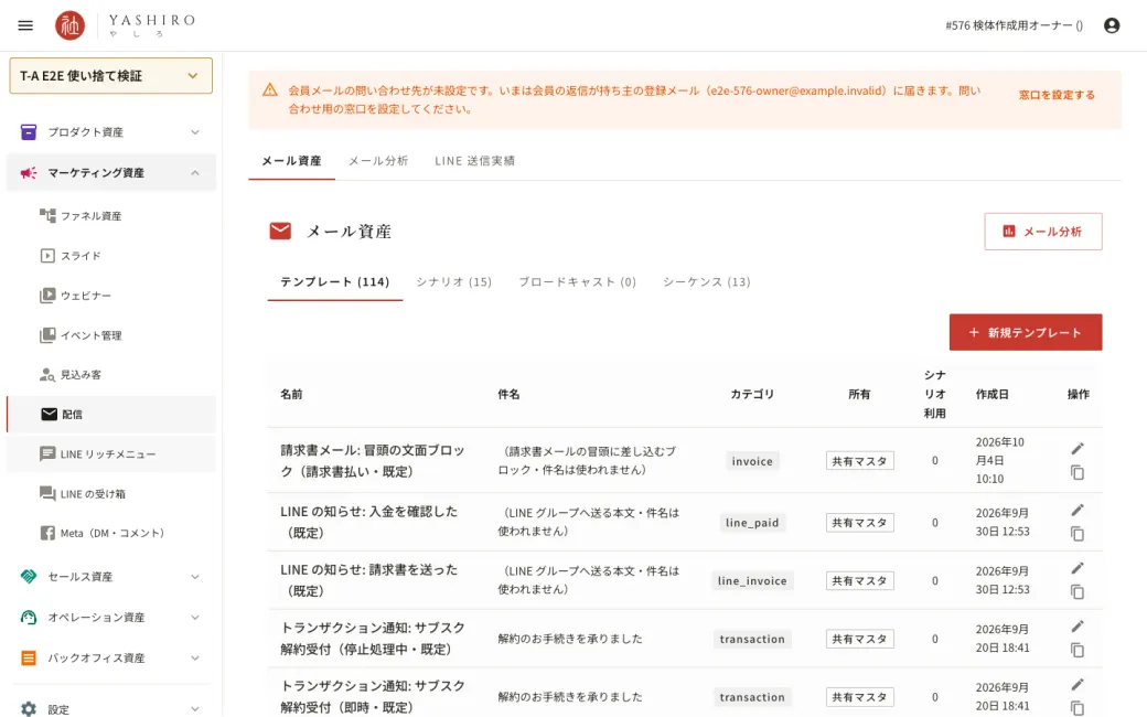 メール資産の画面。テンプレートのタブにメールの雛形が並んでいる