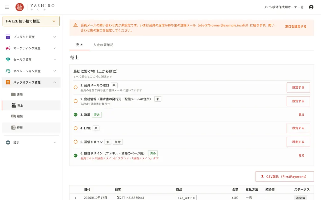 YASHIRO の管理画面の売上の画面。左の帯に五つの資産が並び、右に最初に繋ぐ物 6 段がある